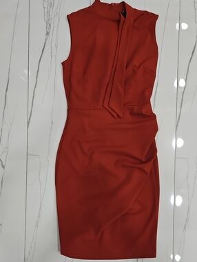 Miusol Sleeveless Tie-Neck Cocktail Pencil Dress in Rust Orange.